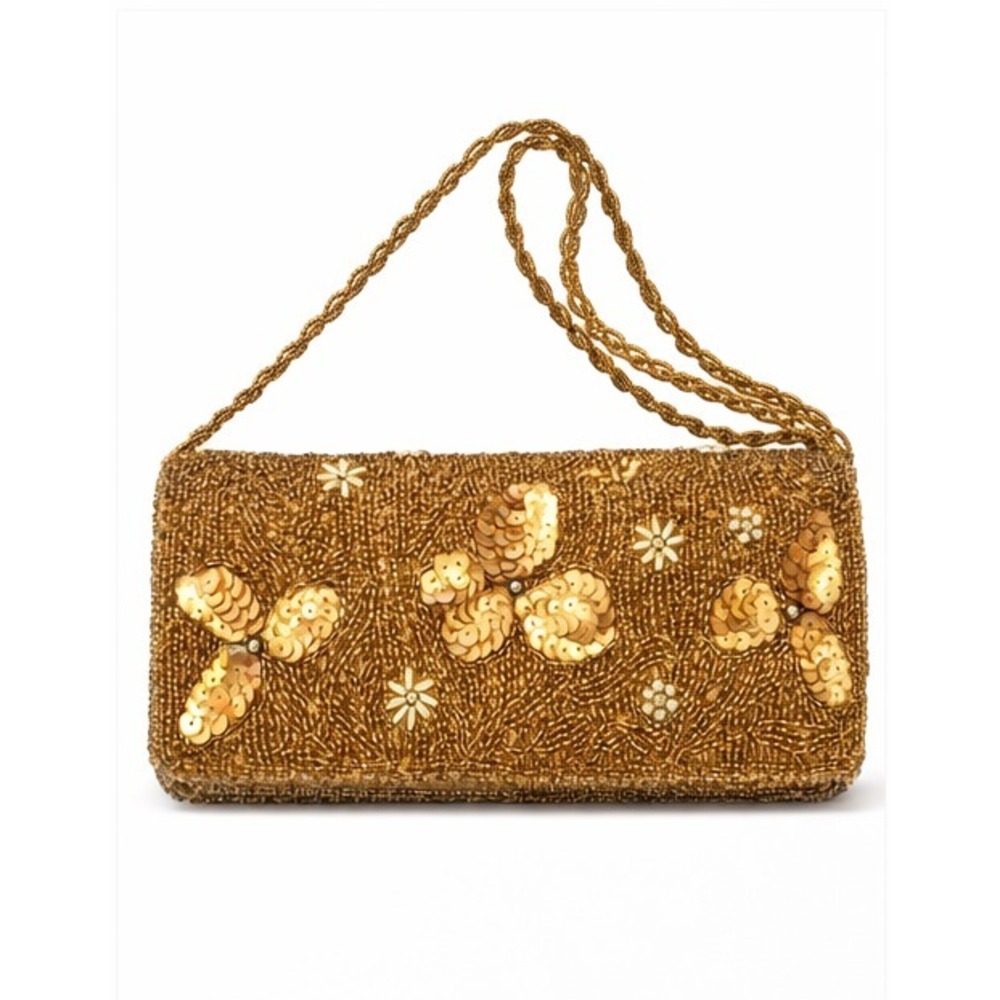 Bijoux Terner Womens Oblong‎ Clutch Evening Bag Gold Sequin Micro Beaded Floral